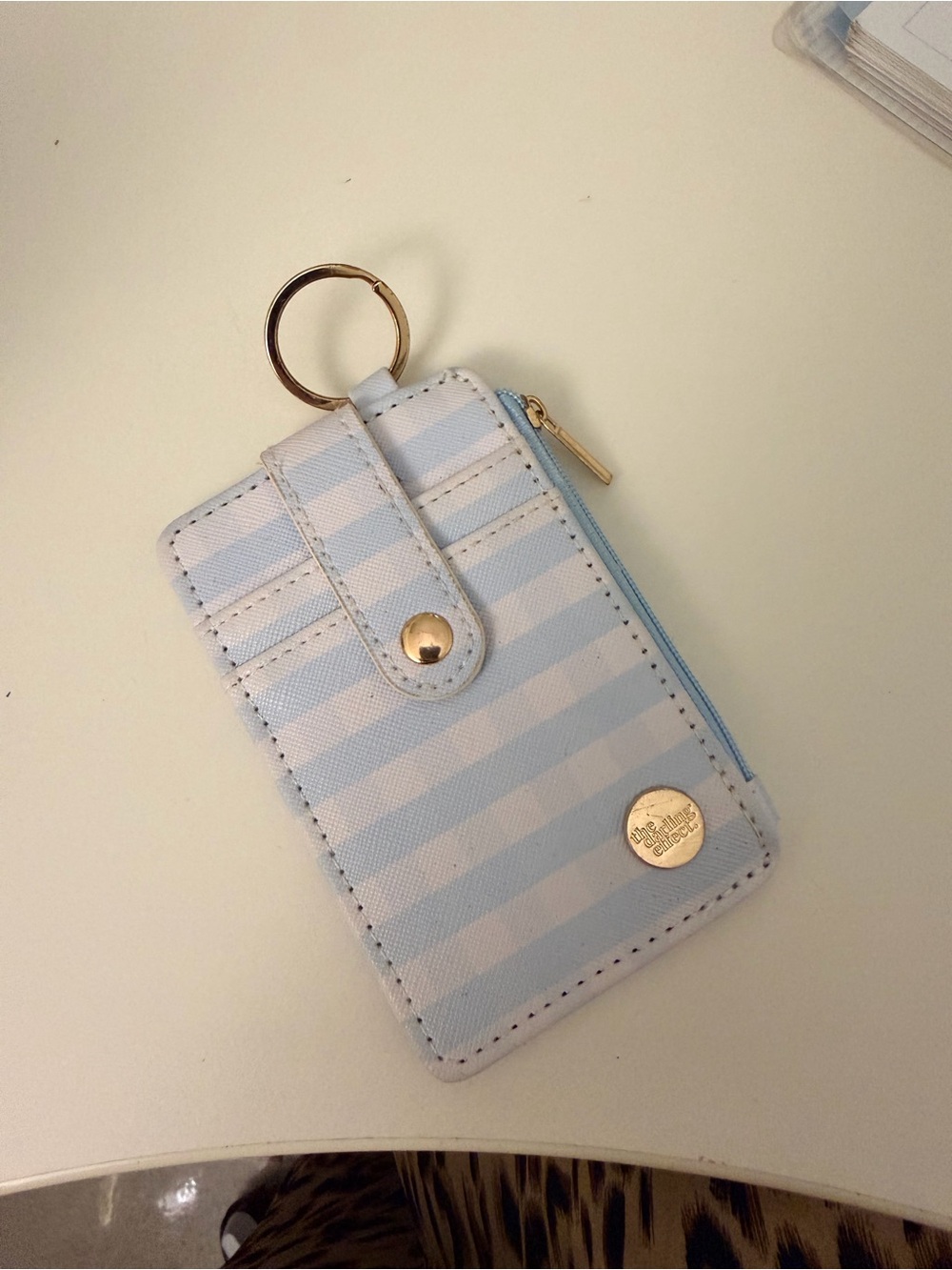 The Darling Effect Light Blue Gingham Card Holder Key Ring with Zip Pocket